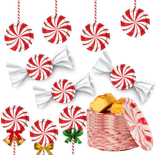 Wiooffen 80Pcs Weihnachten Pfefferminz Süßigkeiten Pappteller Party Supplies Dekorationen Candy Mint für Happy New Year Holiday Xmas Pfefferminze Party Supplies Rot und Weiß Gestreiftes von Wiooffen