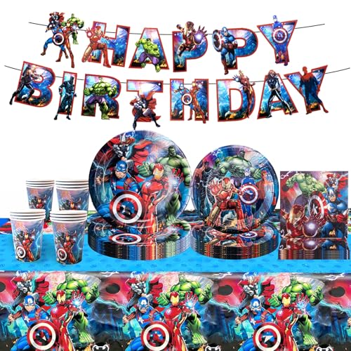 Geburtstags 52 Stück Partygeschirr Geburtstagsdeko Set mit Heros, Deko Geburtstag Kinder, Party Dekoration Supplies Geschirr Teller Becher Tasse Tischdecke Servietten Pull Flag(10 Gäste) von Wirhaut