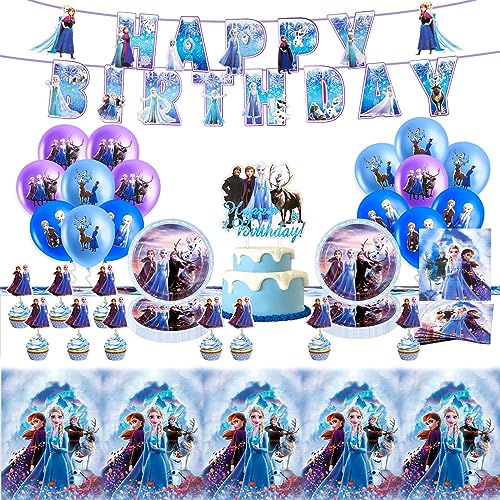 Partygeschirr Geburtstagsdeko mit Frozen 59 Stück Blau Elsa Partygeschirr Geburtstag Kindergeburtstag Dekoration Party Teller Luftballons Servietten Tischdecke Geburtstag Deko für 10 Kinder von Wirhaut