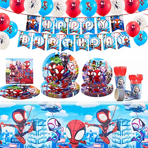 Wirhaut 100PCS Superheld Partygeschirr Set, Spidey Geburtstagsdeko Hero Themed Teller Tassen, Party Supplies Luftballons Tischdecke,Servietten, Karikatur Deko Set für 10 Personen von Wirhaut