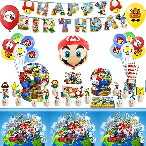 Wirhaut 82 Stück Super Bros Partygeschirr Set Geburtstagsdeko Themed Teller Tassen Mario Party Supplies Luftballons Tischdecke Tortendeko Servietten Super Bros Deko Set für 10 Personen von Wirhaut