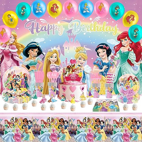 Wirhaut 137 Stück Princess Partygeschirr Set Rosa Geburtstagsdeko Teller Tassen Mädchen Princess Party Supplies mit Luftballons Tischdecke Tortendeko Servietten Deko Set für 10 Personen von Wirhaut