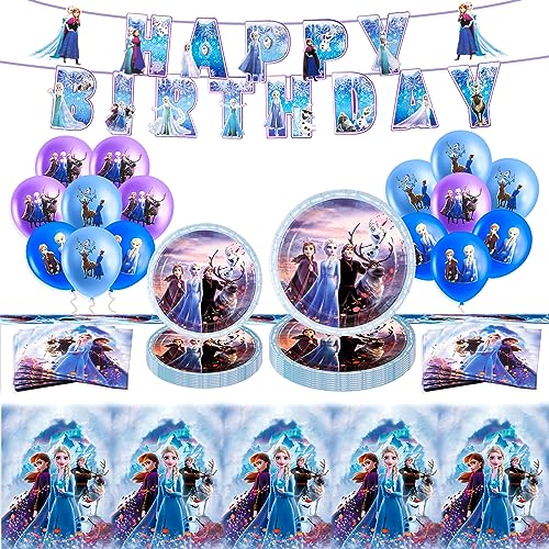 Wirhaut Partygeschirr Frozen Geburtstag Deko ELSA Partygeschirr Geburtstag Kindergeburtstag Dekoration mit Banner Tischdecke Servietten Teller Luftballons Kuchen Deko von Wirhaut