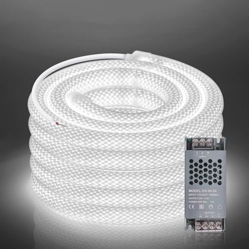 Wisada 12V Neon LED Streifen 3M, 360° Rundes Maschenrohr Neon Band, SMD2835 240LEDs/m Kaltweiß IP67 Wasserdichtes Schlauch Lichtband mit 12V 60W Adapter für Weihnachten, Hochzeiten, Innen/Außen Deko von Wisada
