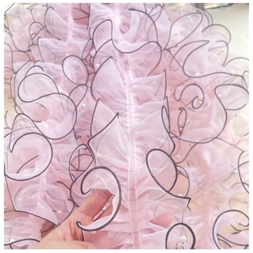 Wisafory 10 Yards 11cm Plissiertes Organzaband Rüschen Spitzenborte mit Perlen Organza Spitzenband Tüll Spitzenstoff Spitzenbordüre für Applikationen Kleidung DIY Nähen Basteln Hellrosa 3# von Wisafory