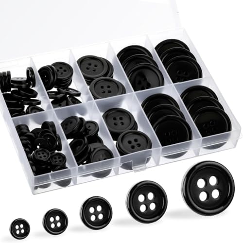 Wisafory 100 Stück Knöpfe aus Harz Schwarz und Weiße Harzknöpfe mit Aufbewahrungsbox Kunstharz Bastelknöpfe Runde Buttons Kunststoffknöpfe für Nähen Kleidung Mänteln Hemden Scrapbooking Schwarz von Wisafory