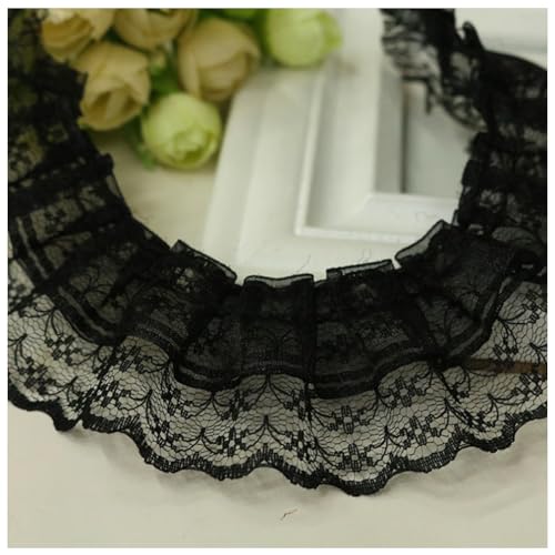 Wisafory 10M Spitzenband Rüschenband Spitzenborte Spitzenbesatz Lace Trim Rüschenbesatz Stoffband Dekoband Elastisch Vintage Rüschen Spitzenband für Nähen Handwerk 4.5cm Schwarz von Wisafory