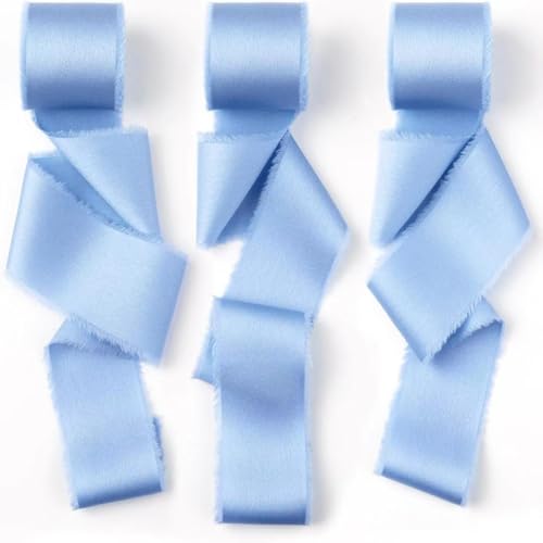 Wisafory 2 Rollen Geschenkband 4 cm x 4.5 M Schleifenband Satinband Chiffonband Seidenband mit Fransen Handgefertigt Stoffband für Hochzeitseinladungen, Brautsträuße, Geschenkverpackungen Himmelblau von Wisafory