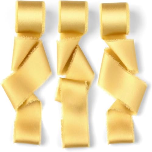 Wisafory 2 Rollen Geschenkband 4 cm x 4.5 M Schleifenband Satinband Chiffonband Seidenband mit Fransen Handgefertigt Stoffband für Hochzeitseinladungen, Brautsträuße, Geschenkverpackungen Gelb von Wisafory