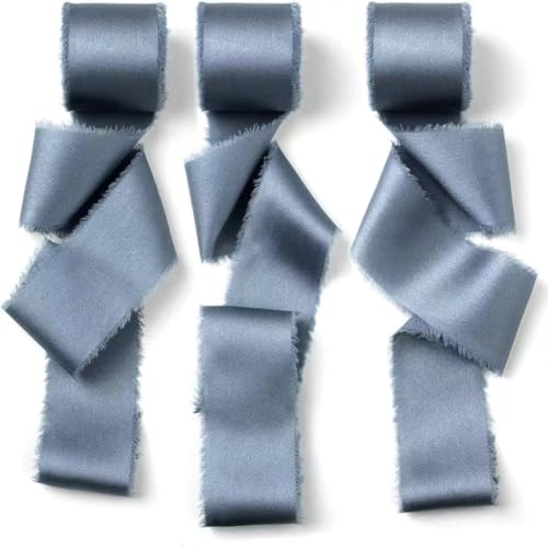Wisafory 2 Rollen Geschenkband 4 cm x 4.5 M Schleifenband Satinband Chiffonband Seidenband mit Fransen Handgefertigt Stoffband für Hochzeitseinladungen, Brautsträuße, Geschenkverpackungen Graublau von Wisafory