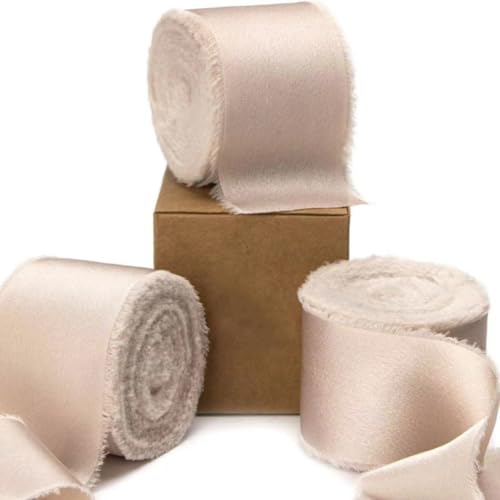 Wisafory 2 Rollen Geschenkband 4 cm x 4.5 M Schleifenband Satinband Chiffonband Seidenband mit Fransen Handgefertigt Stoffband für Hochzeitseinladungen, Brautsträuße, Geschenkverpackungen Khaki von Wisafory