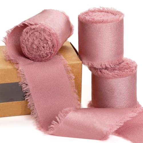 Wisafory 2 Rollen Geschenkband 4 cm x 4.5 M Schleifenband Satinband Chiffonband Seidenband mit Fransen Handgefertigt Stoffband für Hochzeitseinladungen, Brautsträuße, Geschenkverpackungen Leder Rosa von Wisafory