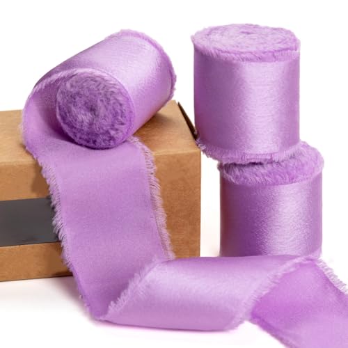 Wisafory 2 Rollen Geschenkband 4 cm x 4.5 M Schleifenband Satinband Chiffonband Seidenband mit Fransen Handgefertigt Stoffband für Hochzeitseinladungen, Brautsträuße, Geschenkverpackungen Lila von Wisafory