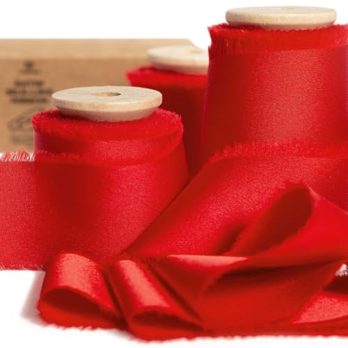 Wisafory 2 Rollen Geschenkband 4 cm x 4.5 M Schleifenband Satinband Chiffonband Seidenband mit Fransen Handgefertigt Stoffband für Hochzeitseinladungen, Brautsträuße, Geschenkverpackungen Rot von Wisafory