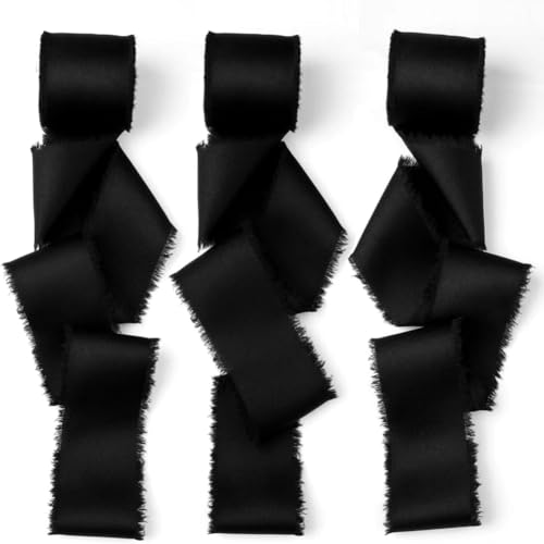Wisafory 2 Rollen Geschenkband 4 cm x 4.5 M Schleifenband Satinband Chiffonband Seidenband mit Fransen Handgefertigt Stoffband für Hochzeitseinladungen, Brautsträuße, Geschenkverpackungen Schwarz von Wisafory