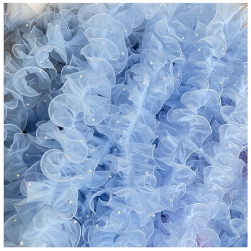 Wisafory 2 Yards 11cm Plissiertes Organzaband Rüschen Spitzenborte mit Perlen Organza Spitzenband Tüll Spitzenstoff Spitzenbordüre für Applikationen Kleidung DIY Nähen Basteln Blau von Wisafory