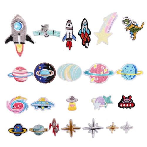 Wisafory 23 Stück Patches zum Aufbügeln Set Raumschiff Astronaut Rakete Karikatur Flicken Kinder Bestickte Aufnäher Universe Applikation für Kleidung Jeans Jacken Repariere Kinder Baby von Wisafory