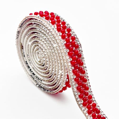 Wisafory 3 Yards Strassband Selbstklebend Strasssteine mit Perlen Glitzersteine Kristallstreifen Zierband Diamant Dekoration Aufkleber für DIY Handwerk Kostüme Taschen Deko Großrot (1,5cm) von Wisafory