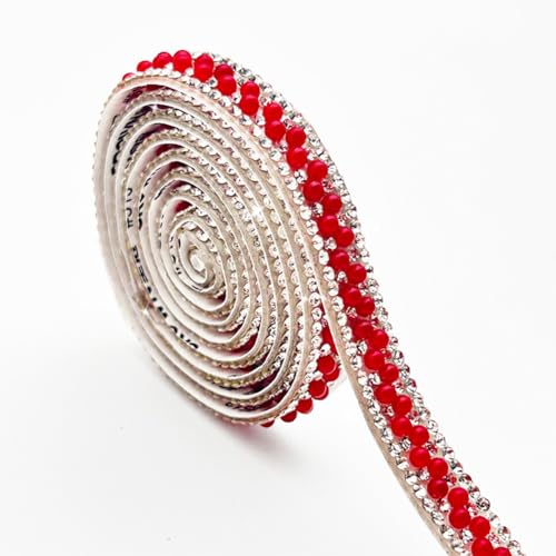 Wisafory 3 Yards Strassband Selbstklebend Strasssteine mit Perlen Glitzersteine Kristallstreifen Zierband Diamant Dekoration Aufkleber für DIY Handwerk Kostüme Taschen Deko Großrot (1cm) von Wisafory