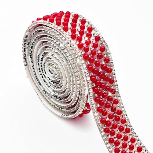 Wisafory 3 Yards Strassband Selbstklebend Strasssteine mit Perlen Glitzersteine Kristallstreifen Zierband Diamant Dekoration Aufkleber für DIY Handwerk Kostüme Taschen Deko Großrot (2cm) von Wisafory