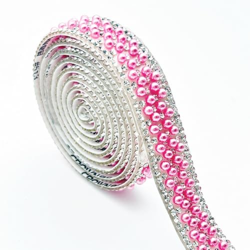 Wisafory 3 Yards Strassband Selbstklebend Strasssteine mit Perlen Glitzersteine Kristallstreifen Zierband Diamant Dekoration Aufkleber für DIY Handwerk Kostüme Taschen Deko Hellrosa (1,5cm) von Wisafory