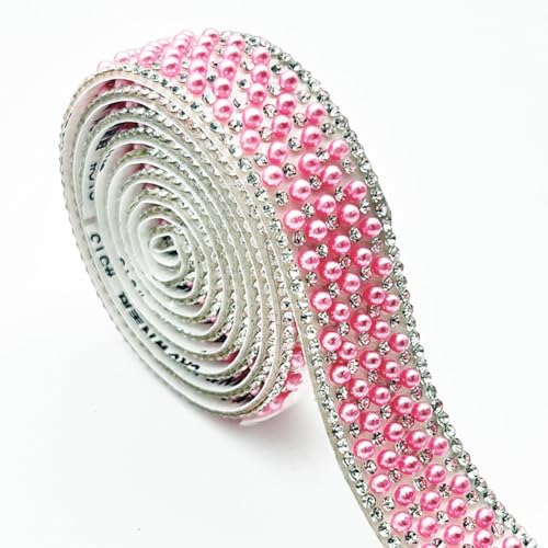 Wisafory 3 Yards Strassband Selbstklebend Strasssteine mit Perlen Glitzersteine Kristallstreifen Zierband Diamant Dekoration Aufkleber für DIY Handwerk Kostüme Taschen Deko Hellrosa (2cm) von Wisafory