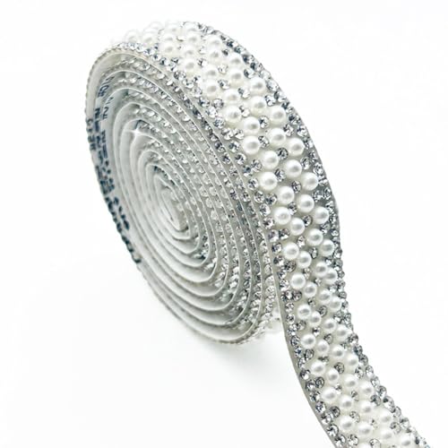 Wisafory 3 Yards Strassband Selbstklebend Strasssteine mit Perlen Glitzersteine Kristallstreifen Zierband Diamant Dekoration Aufkleber für DIY Handwerk Kostüme Taschen Deko Weiß (1,5cm) von Wisafory