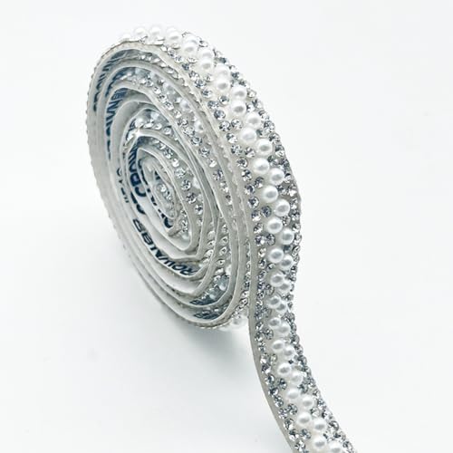Wisafory 3 Yards Strassband Selbstklebend Strasssteine mit Perlen Glitzersteine Kristallstreifen Zierband Diamant Dekoration Aufkleber für DIY Handwerk Kostüme Taschen Deko Weiß (1cm) von Wisafory