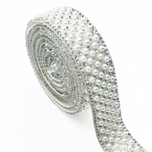 Wisafory 3 Yards Strassband Selbstklebend Strasssteine mit Perlen Glitzersteine Kristallstreifen Zierband Diamant Dekoration Aufkleber für DIY Handwerk Kostüme Taschen Deko Weiß (2cm) von Wisafory