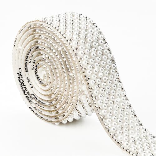 Wisafory 3 Yards Strassband Selbstklebend Strasssteine mit Perlen Glitzersteine Kristallstreifen Zierband Diamant Dekoration Aufkleber für DIY Handwerk Kostüme Taschen Deko Weiß (3cm) von Wisafory