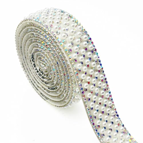 Wisafory 3 Yards Strassband Selbstklebend Strasssteine mit Perlen Glitzersteine Kristallstreifen Zierband Diamant Dekoration Aufkleber für DIY Handwerk Kostüme Taschen Deko Weiß + AB-Farbe (2cm) von Wisafory