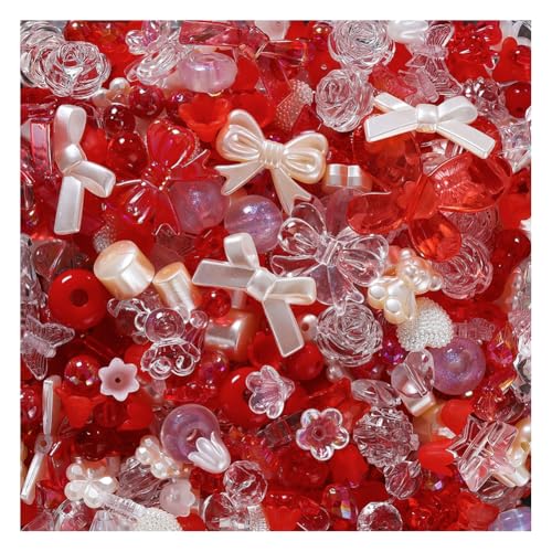 Wisafory Acrylperlen Verschiedene Süßigkeitsperlen Pastellperlen für Armbandherstellung Blumenschleife Bunte Beads Charms Niedlich für Halsketten, Armbänder, Handyketten, 6~38mm Rot 100g von Wisafory