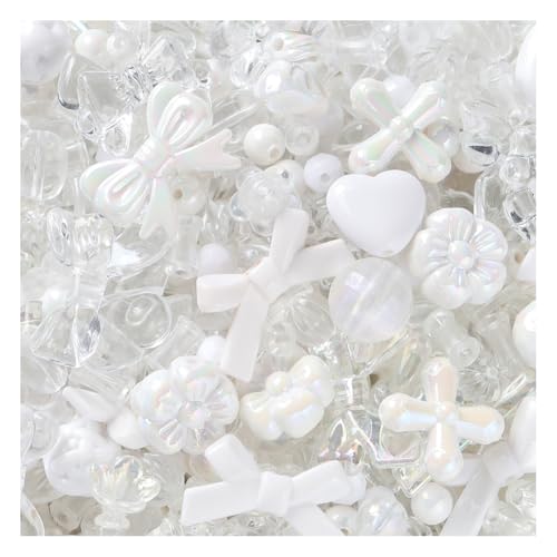 Wisafory Acrylperlen Verschiedene Süßigkeitsperlen Pastellperlen für Armbandherstellung Blumenschleife Bunte Beads Charms Niedlich für Halsketten, Armbänder, Handyketten, 6~38mm weiß 100g von Wisafory