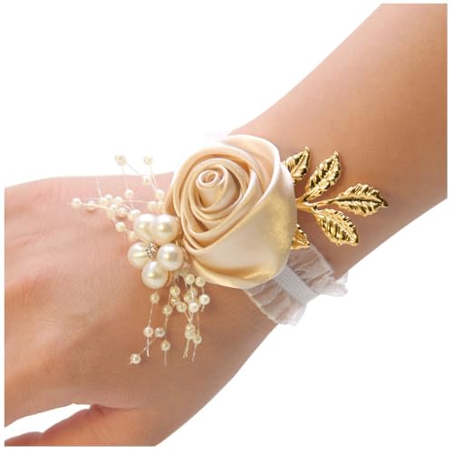 Wisafory Handgelenk Corsage Blumen Armband Korsage Blätter Braut Brautjungfer Hand Blume Seidenblume mit Perle Armbänder Handgelenkblume Zubehör für Hochzeit Bankette Abschlussball Champagner von Wisafory