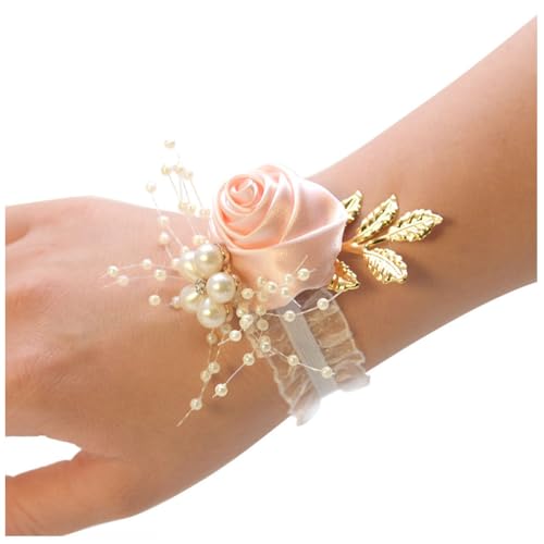 Wisafory Handgelenk Corsage Blumen Armband Korsage Blätter Braut Brautjungfer Hand Blume Seidenblume mit Perle Armbänder Handgelenkblume Zubehör für Hochzeit Bankette Abschlussball Rosa 1pcs von Wisafory