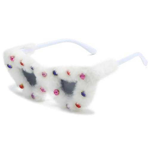 Wisafory Party sonnenbrillen Plüsch Katzenaugen Hippie Partybrille Modische Herzförmige Brille für Herren Damen Kleid Accessoires Foto Requisiten Geburtstagsfeier Karneval Weiß+Diamant von Wisafory