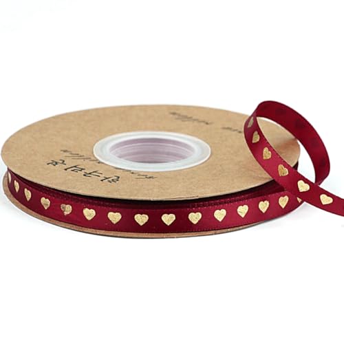 Wisafory Satinband 45m x 10mm Herz Bedrucke Dekoband Geschenkband Gold Leinenband Satin Schleifenband Stoffband Zierband für DIY Basteln Hochzeit Geburtstag Geschenkverpackung Weinrot von Wisafory