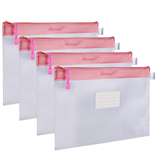 Wisdompro Dokumententasche A4 4 Stück, Wasserdichte Dokumentenmappe, Mesh Kunststoff Zipper Beutel für Bürobedarf, Dokumente, Kosmetik, Reisezubehör (Rosa) von Wisdompro