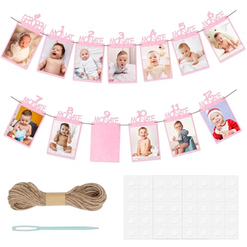 Foto Banner 1. Geburtstag für 1 bis 12 Monate Deutsch Baby Fotogirlande Geburtstagsdeko Hängende Wanddekoration, Kinder Monatlich Bild Prop Kraftpapier Rahmen für Party Dekor (Rosegold) von WiseJoy