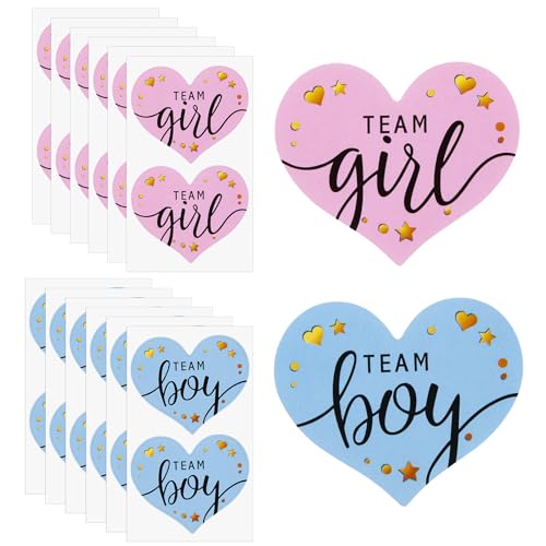 Wisebom Geschlecht Offenbaren Aufkleber, 100Pcs Team Boy & Team Girl Geschlecht Etiketten Aufkleber, Blau & Rosa Baby Geschlecht Aufkleber mit Goldfolie für Babyparty Deko (Herz) von Wisebom