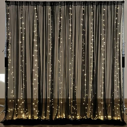 Schwarzer Tüll-Hintergrundvorhang mit Lichterketten für Pariten, durchsichtiger Vorhang, Hintergrundvorhänge für Hochzeit, Party, Heimdekoration, 3 x 3 m Schwarzer Tüll-Hintergrundvorhang mit Lichterketten für Pariten, durchsichtiger Vorhang, Hintergrundvorhänge für Hochzeit, Party, Heimdekoration, 3 x 3 m von Wish Care