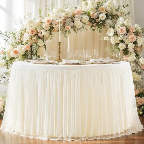 Wish Care Runde Tischdecken aus champagnerfarbenem Elastan, 122 cm, runde Tüll-Tischdecken mit Rock, knitterfrei, Stretch-Tüll-Tischdecke für Hochzeit, Geburtstag, Baby, Brautparty, Party von Wish Care