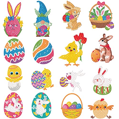 5D Diamond Painting Set Ostern，16 Stück Diamond Painting Kinder，DIY Ostern Diamond Painting Sticker,Diamant Malerei Kits Ostern Muster Ei Häschen Küken，Ostern Kinder DIY Bastelgeschenke von Wishstar