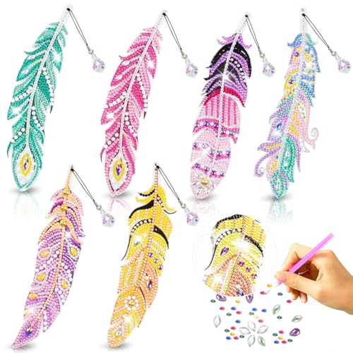 Diamond Painting Lesezeichen 6 Stück，Diamant-Malerei Feather Lesezeichen，DIY Lesezeichen Bastelset mit Kristall Anhänger，Geschenk mädchen bastelset，Feather Anhänger von Wishstar