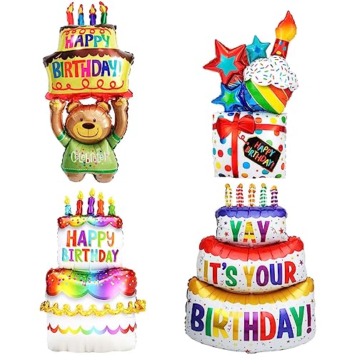 Wishstar Folienballon Happy Birthday Torten XXL,Happy Birthday Deko Bär,Geschenk+Torte+Bären Geburtstagsluftballon, Aufblasbare Torte Helium Ballon,Kuchen Folienluftballon Party Dekoration-4 Stück von Wishstar