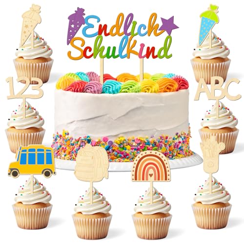 Tortendeko Einschulung, Kuchen Deko Schulanfang, Holz Schuleinführung Tortendeko, Cake Topper Schulkind, Zuckertüte ABC 123, Endlich Schulkind Schultag Party Deko für Junge Mädchen Tortendeko Einschulung, Kuchen Deko Schulanfang, Holz Schuleinführung Tortendeko, Cake Topper Schulkind, Zuckertüte ABC 123, Endlich Schulkind Schultag Party Deko für Junge Mädchen von Wishstar