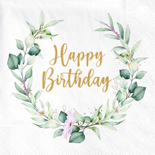 Wishstar 40 Stück Servietten Eukalyptus Geburtstag, Happy Birthday Servietten, Gold-Grün, Papierservietten für Mann Frau Geburtstag Deko von Wishstar