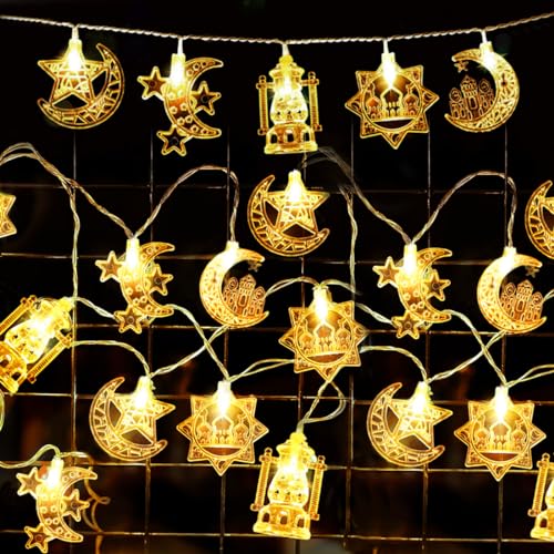 Wishstar 9,8 Fuß 20 LED Ramadan Lichterketten(Warmweiße), Eid Mubarak Stern Mond Lichterketten, Muslim Ramadan Party LED Fee Licht, Feiern Lichterketten Batteriebetrieben für Eid Mubarak Deko von Wishstar