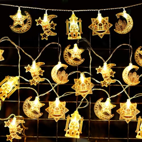 Wishstar 300cm 20 LED Ramadan Lichterketten(Warmweiße), Eid Mubarak Stern Mond Lichterketten, Muslim Ramadan Party LED Fee Licht, Feiern Lichterketten Batteriebetrieben für Eid Mubarak Deko von Wishstar