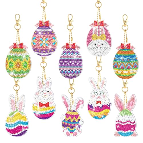 Wishstar 10 Stück Diamond Painting Ostern, Hase Ostereier Diamant Painting Schlüsselanhänger Set, DIY Diamond Painting Set, Ostern zum Basteln für Kinder, Ostergeschenk oder Osterdeko Kinder von Wishstar
